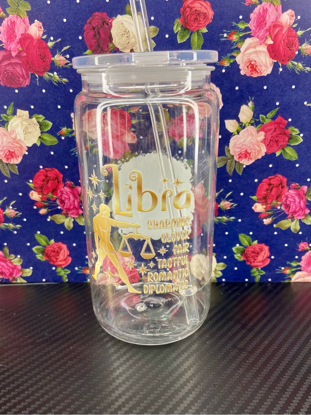 Libra Gold Accent Clear Tumbler with Straw - Zodiac Drinkware